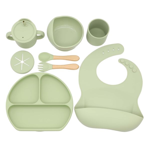 Tasses Vaisselle Ustensiles 6/7 vaisselle bébé en silicone avec ventouses antidérapantes bols et assiettes avec bavoir couvert cuillère fourchette et petites tasses et assiettes 230615