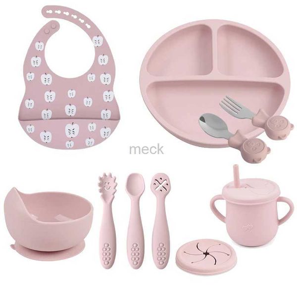 Tasses, plats, ustensiles 6/8/10 pièces/ensemble de vaisselle en Silicone pour bébé, assiette de qualité alimentaire pour enfants, vaisselle, bol à ventouse pour plats pour enfants, accessoires d'alimentation 240329