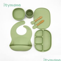 Kopjes, Borden Gebruiksvoorwerpen 6 stks / set Babyvoeding Sile Servies Waterdicht Slab Effen Kleur Dinerbord Een Sucker Kom En Lepel Voor Kind Dho1X