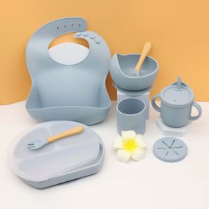 Tasses Vaisselle Ustensiles 7 pièces/ensemble d'ustensiles d'alimentation en silicone pour bébé ventouses bols assiettes bavoirs avec couvercles cuillère fourchettes petites tasses en verre sans BPA 230615