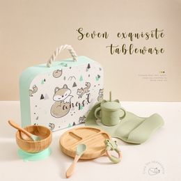 Bekers Gerechten Gebruiksvoorwerpen 7 stks Bamboe Hout Dinerbord Voedingsbenodigdheden Kinderservies Zuigbord Kom BPA-vrij Babyspullen geboren Accessoires 230728