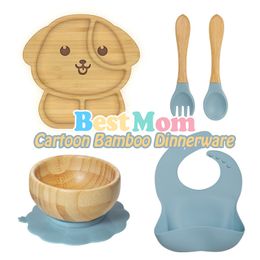 Kopjes Gerechten Gebruiksvoorwerpen 7 stks/set Baby Spullen Bamboe Servies Kop Kom Bord/Dienblad Slabbetjes Lepel Vork Sets Kinderen Antislip Voeden Gratis Servies Diner 230615