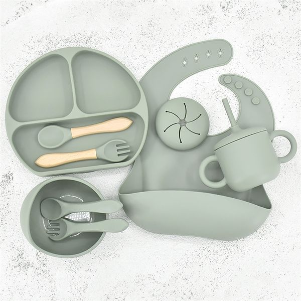 Tazas, platos, utensilios, 8/9/11 Uds., juego de vajilla de alimentación de silicona para bebés, plato con ventosa para sonrisa, taza de agua para oreja grande, bolsa de almacenamiento para pezones, platos para niños sin BPA 231006