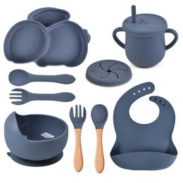 Copos Pratos Utensílios 8 PÇS Conjunto de Prato de Jantar de Silicone para Bebê Bebê Macio Babador de Silicone Antiderrapante Prato de Jantar Tigela Copo Garfo Conjunto de Colher Livre de BPA 230625