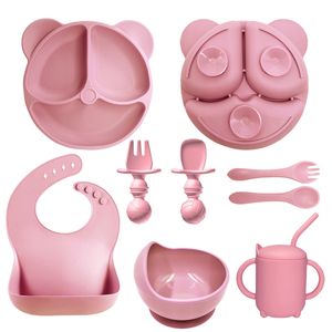 Tazas Platos Utensilios 8 UNIDS Bebé Babero de Silicona Suave Plato Ventosa Tazón Plato de Cena Tenedor Cuchara Conjunto Antideslizante Grado Alimenticio Niños Cubiertos Sin BPA 230628