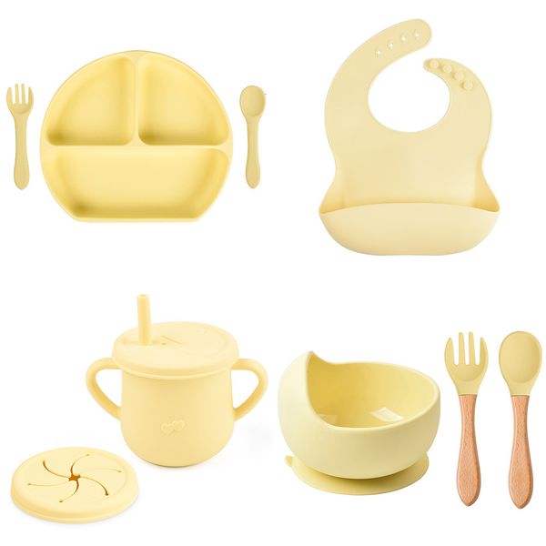 Tasses plats ustensiles 8 pcs bébé silocone bib assiette à dîner bol tasse cuillère fourchet net gliss gasing grade kids 230810