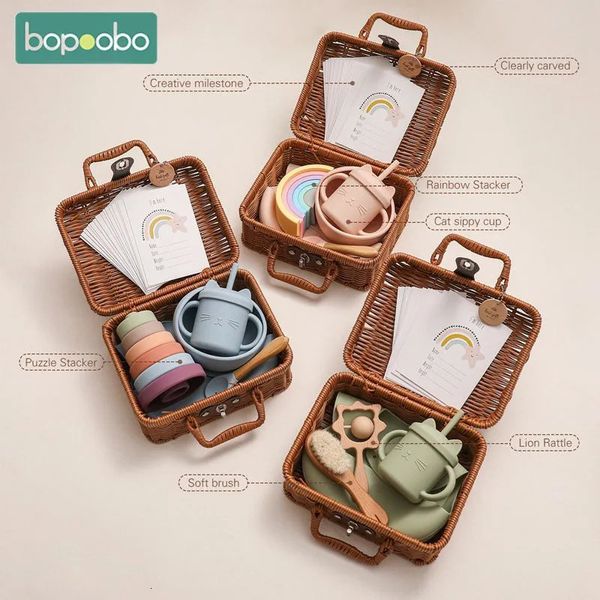 Tazas, platos, utensilios, 8 unids/set, juego de caja de vajilla de alimentación para bebé, babero de silicona para bebé, taza para gato, juguete apilable de arcoíris, platos vintage para nacimiento de niños, caja de regalos, regalos 231006