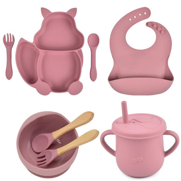 Tasses Vaisselle Ustensiles 8PCS / Set Bébé Silicone Ventouse Bol Assiette Tasse Bavoirs Cuillère Fourchette Ensembles Enfants Vaisselle Antidérapante Bébé Nourrir Plats Sans BPA 230625