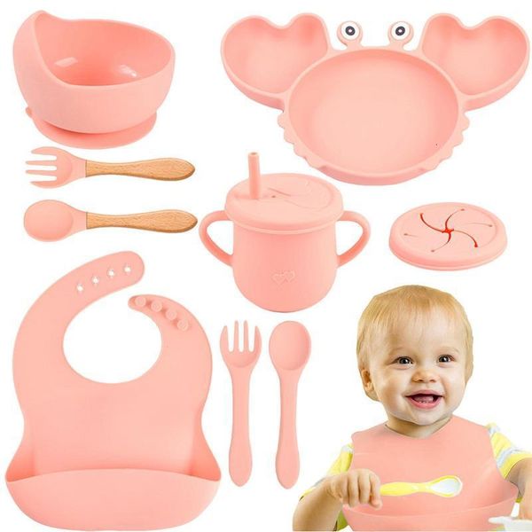 Tazas, platos, utensilios, juego de 9 piezas de silicona para bebé, cuchara, tenedor, babero, tazón, alimentación y succión del bebé, juego de vajilla para bebé 230615