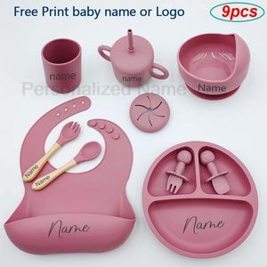 Cups Dishes Utensils 9Pcs Baby Silicone Feeding Sets Suction Cup Bowl Kids Spoon Fork Snack Personalized Name Baby s Tableware 230814