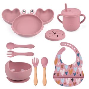 Tasses Vaisselle Ustensiles 9 Pcs Bébé Silicone Antidérapant Ventouse Bol Assiette Cuillère Étanche Bavoir Tasse Ensemble Crabe Nourriture Pour Enfants Sans BPA 230802