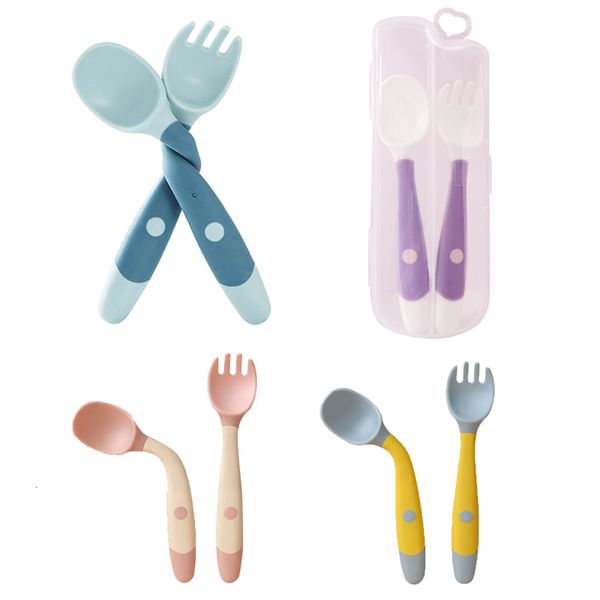 Tazas Platos Utensilios Bebé Niños Cuchara Tenedor Juego Suave Flexible Silicona Cuchara Tenedor Kit Vajilla Entrenamiento para niños pequeños Alimentación Cubiertos Utensilio 230608