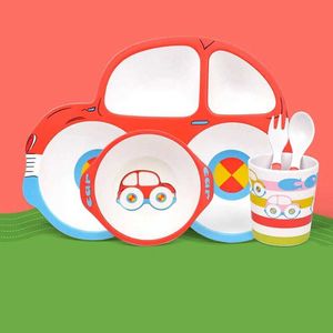 Cups Derees Uitrusting Baby Voedingskom Childrens Bestek Set schattige cartoon auto -vormige plaatplaat met lepel en vork voor voedingstrainingl2405