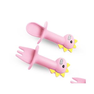 Cups Derees Uitrusting Baby Learning Spoon Vork Set Short Handle Easy Soft Sile Teel Toon speelgoedvoeding Cutlery Dinosaur Tabree 1323 DHX2H