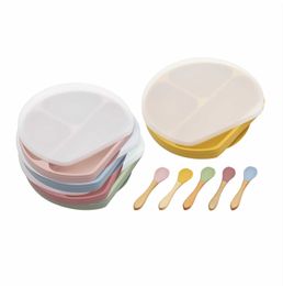 Cups Derees Uitrusting Baby Siliconen Duiterplaat met Cover Wooden Lepel Children's Strong Suction Cup Derees Traden Kid Non-Slip Alabare Set BPA Gratis AA230413