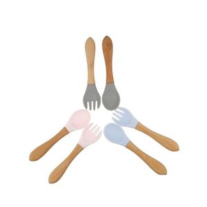 Cups Derees Uitrusting Bamboo Baby Lepel en Fork Set Soft Sile Tip voeding Food Grade Training Peuter bestek 338 Y2 Drop Lever Dhrdg