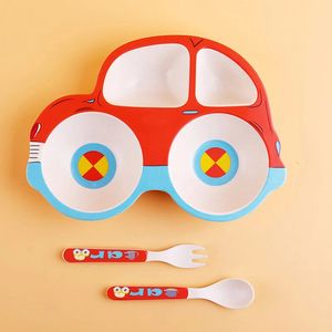 Kopjes Gerechten Gebruiksvoorwerpen Bamboevezel Kinderen Cartoon Auto Vorm Bestekset Plaat Baby Split Servies 231024