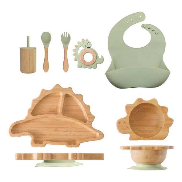 Tazas Platos Utensilios Bambú Madera Dinosaurio Plato de cena Niños Vajilla Herramienta Juego de vajilla para bebés Mordedor de silicona sin BPA Suministros de alimentación infantil 240329