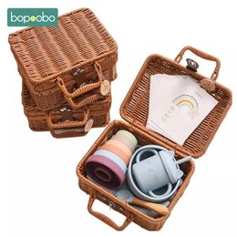 Tasses plats ustensiles Bopoobo bébé alimentation vaisselle coffret cadeaux Silicone arc-en-ciel empileur jouet naissance Vintage 230202