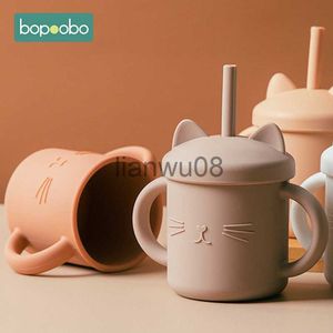 Tasses Plats Ustensiles Bopoobo Bébé Alimentation Paille Tasse Bébé Dessin Animé Chat Apprentissage Alimentation Tasse De Qualité Alimentaire Silicone Enfant Bouteille D'eau Vaisselle BPA x0904