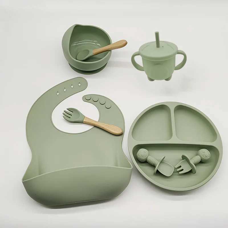 컵 접시기구기구 어린이 테이블웨어 세트 아기 보충제 음식 훈련 실리콘 테이블웨어 세트 8 조각 아기 흡입 컵 그릇 베이비 제품 L2405