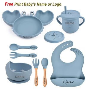 Cups Dishes Utensils Crab Plate For Baby Silicone Tableware Suction Bowl Tray Bibs Spoon Personalized Name Baby s Feeding Set Kids 230802