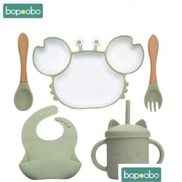 Tasses, plats ustensiles tasses bols à vaisselle bols et cuillères régler le crabe kawaii gaste-sile d'alimentation bol de babies non glisser la vaisselle enfants dhcah