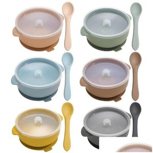Cups Dishes Utensils Cups High Quality Sile Baby Sucker Bowl With Lid Bpa Waterproof Toddler Plate Set Portable Spoon For Kids Dr Dhlta