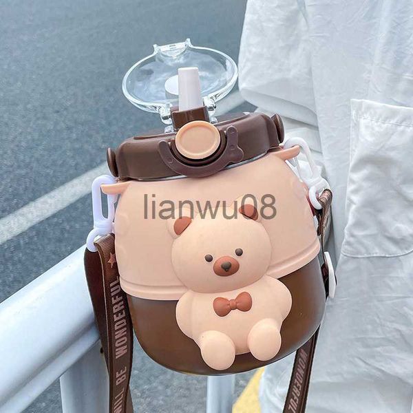 Tasses Plats Ustensiles Mignon Ours En Acier Inoxydable Thermos Bouteille D'eau Avec Paille Pour Enfants École Vide Isolation Thermique Tasse Grande Capacité Bouilloire x0904