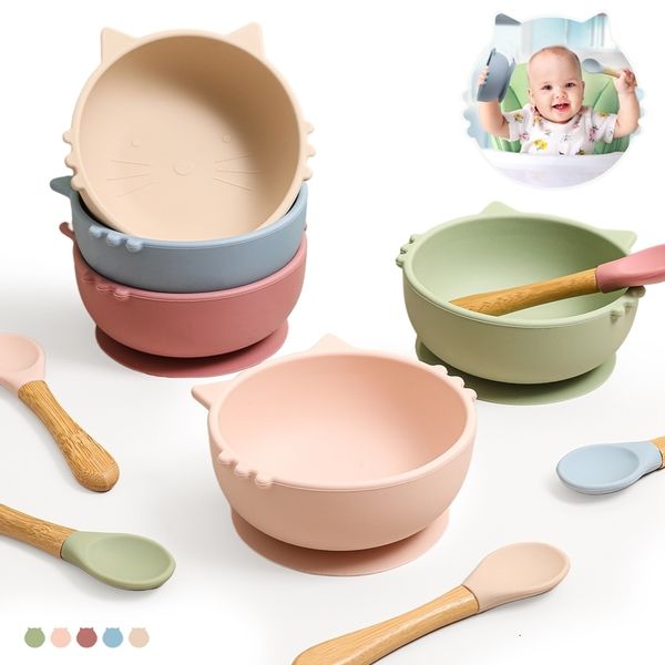 Tazas Platos Utensilios Hagamos 1 juego Bebé Silicona Tazón de alimentación Cuchara Gato de dibujos animados Forma Succión impermeable con vajilla Sin BPA 230628