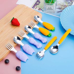 Cups Derees Uitrusting Silicone Baby Lepel Forks Set cartoon Cat -vormige gerechten voor baby roestvrijstalen lepel babyvoeding