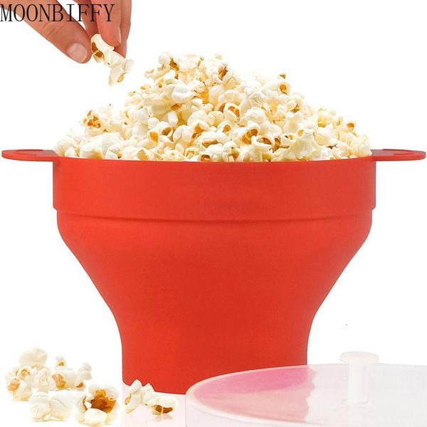 Tasses Plats Ustensiles Bol à pop-corn en silicone Seau à pop-corn plié au four Créatif résistant aux hautes températures Grand seau en silicone couvert pour micro-ondes 230130