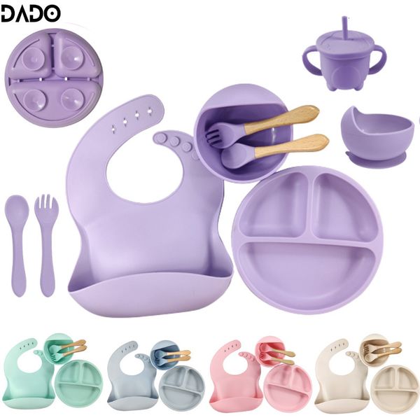 Tasses Vaisselle Ustensiles Cuillères en silicone Fourchettes Bavoir Bols Plat Coupe Enfant Nourrir Aspiration Enfants Tout-Petit Manger Vaisselle Vaisselle Ensemble Antidérapant 230615