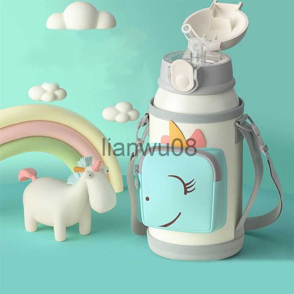 Tasses Plats Ustensiles Smart Unicorn Thermos Tasses avec paille Tasse à café de voyage en acier inoxydable Bouteille d'eau pour enfants Bureau à domicile Cadeau d'affaires Tasse à lait x0904