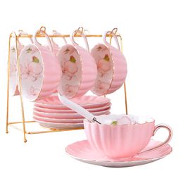 Cups Saucers 1 6PCS Pink Romantic Pumpkin Coffee Set Kitchen Accessories Bone China Ceramics Tea Organizer English Afternoon Red