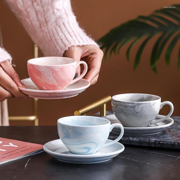 Tazas y platillos de cerámica con diseño de mármol nórdico de 130ml, taza y platillo para Espresso, juego de té y café con leche rosa, gris y azul, vajilla de cocina