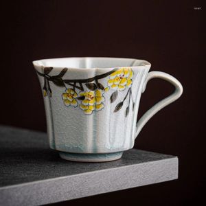 Tazas y platillos de 160ml, taza de café esmaltada de Borneol, Taza de cerámica de flores fragantes de madera pura pintada a mano, leche para el desayuno en el hogar