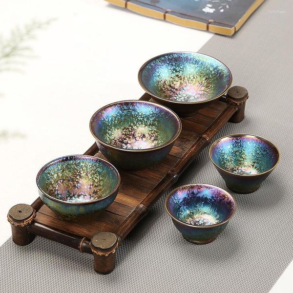 Tazas, platillos, 1 pieza, taza de porcelana, taza de té Gaiwan, taza de té de 120ml, juego de té Temmoku Glaze Yohen, transmutación colorida