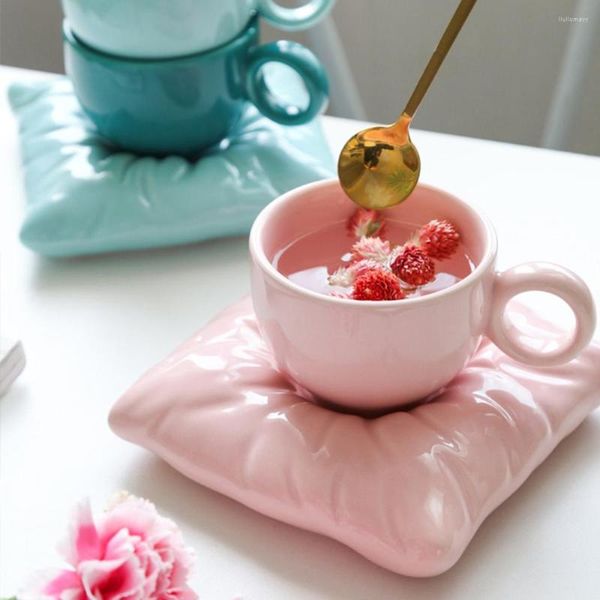 Tazas, platillos, almohada personalizada de cerámica de 200ML, taza de café y platillo con caja de regalo, bolsa, tazas coloridas de Macaron