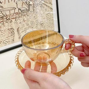 Kopjes schotels 220 ml Amber Color Glass Cup en Saucer Creative Round Bead Handle Koffie Melksap Afternoon Tea Home Drinkware Geschenk