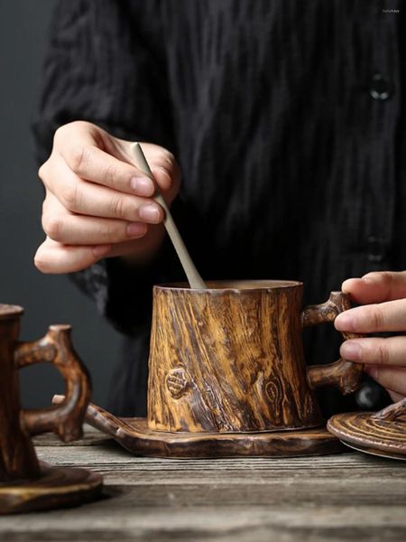 Tasses soucoupes 225ml, tasse à café en céramique grossière faite à la main, dessin rétro créatif, motif d'imitation d'arbre, poignée personnalisée