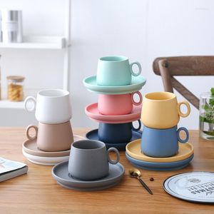 Tazas de tazas 250 ml de color puro macarrón mate mate tazas de café de cerámica con esmalte y platillo de desayuno amantes de la taza de té grande agua de vientre agua