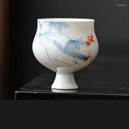 Tazas y platillos, 2 unidades/lote, calabaza de esponja pintada a mano, base alta de cerámica china, juego de tazas de té, tazón de té para ceremonia, taza de té blanca