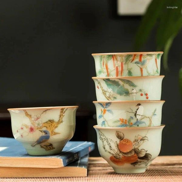Tasses Soucoupes 2 pièces/lot traditionnel glace fissure tasse à thé en céramique tasse à café peint à la main fleurs motif bol à thé ensemble fait à la main accessoire