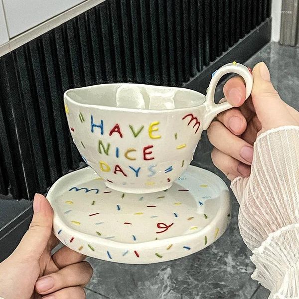 Tasses soucoupes 300ml créatif en céramique tasse à café plat ensemble joyeux anniversaire tasse avoir de belles journées boire de l'eau Couple petit déjeuner lait