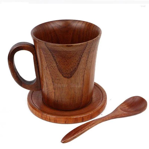 Tasses soucoupes 3 pièces/ensemble tasse en bois de Jujube fait à la main en bois naturel petit déjeuner bière lait Drinkware thé café cuillère ensemble outils de cuisine