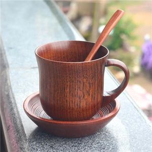 Tasses soucoupes 3 pièces/ensemble tasse en bois soucoupe cuillère ensemble café thé outils accessoires