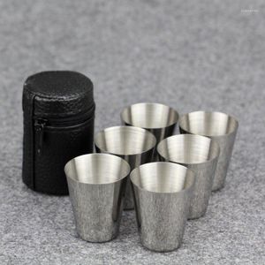 Cups Saucers 4pcs/6pcs 30ml Outdoor Camping Tableware Travel Set Picnic Supplies Stainless Steel Wine Beer Cup Whiskey Mugs With PU Case