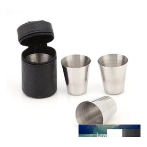 Kopjes schotels 4 stks/set s glas draagbare mug set tumbler wijn cup gepolijst en lederen wikkel 30 ml roestvrij staal met ER -tas fabriek dh0zr