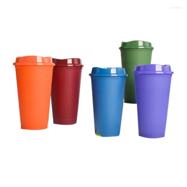 Tazas y platillos, 5 unidades/juego, 16 OZ, plástico, reutilizable, cambio de Color, agua fría, café con tapa, artículos para beber para el hogar, productos de cocina